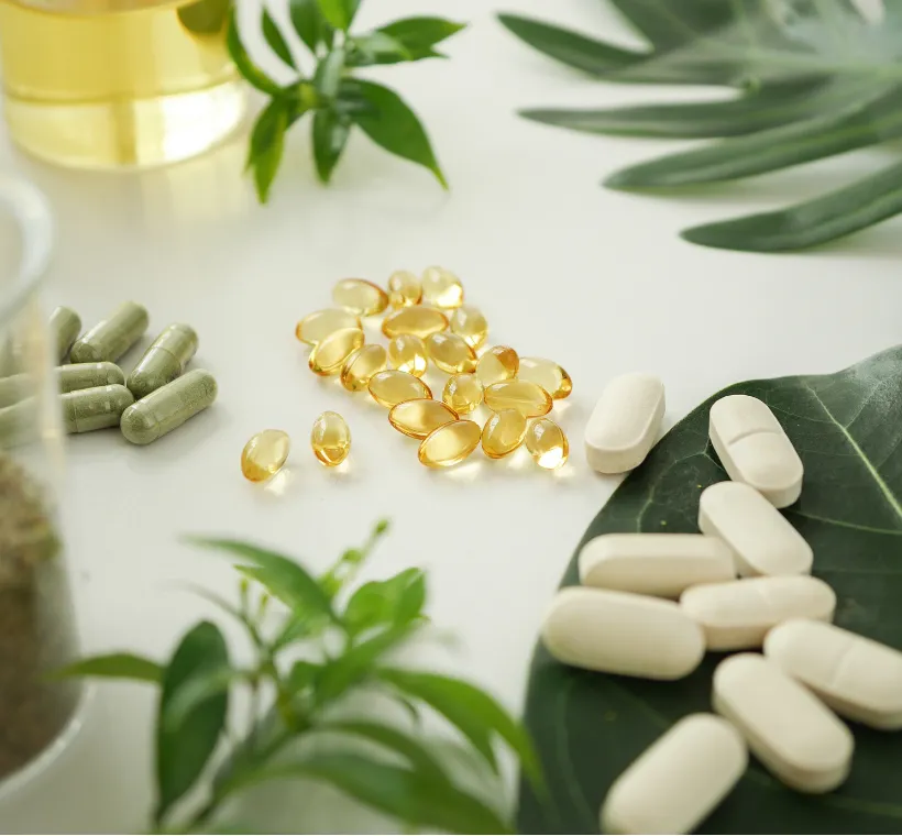 Assorted capsules and softgels on a white surface, surrounded by green leaves and a glass jar.