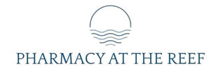 Logo with a line drawing of a sun over waves and the text "PHARMACY AT THE REEF" below.