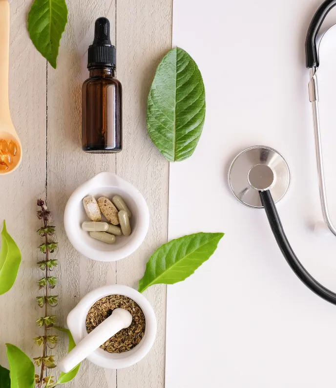 Herbs, pills, a bottle, and a stethoscope on a wooden surface with green leaves.