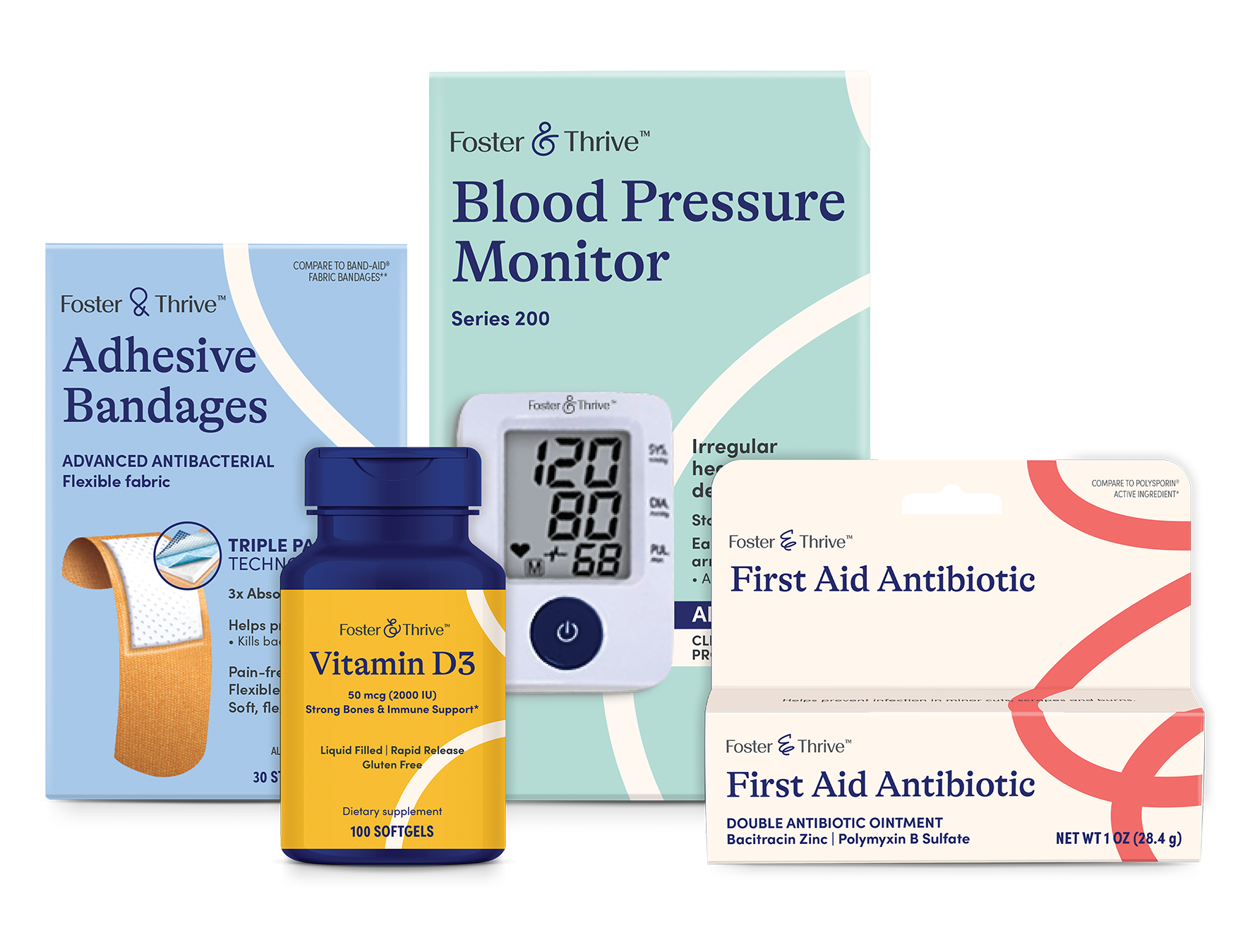 packaging-mockup-group-1v Medical products assortment: adhesive bandages, vitamin D3, digital blood pressure monitor, and first aid antibiotics.